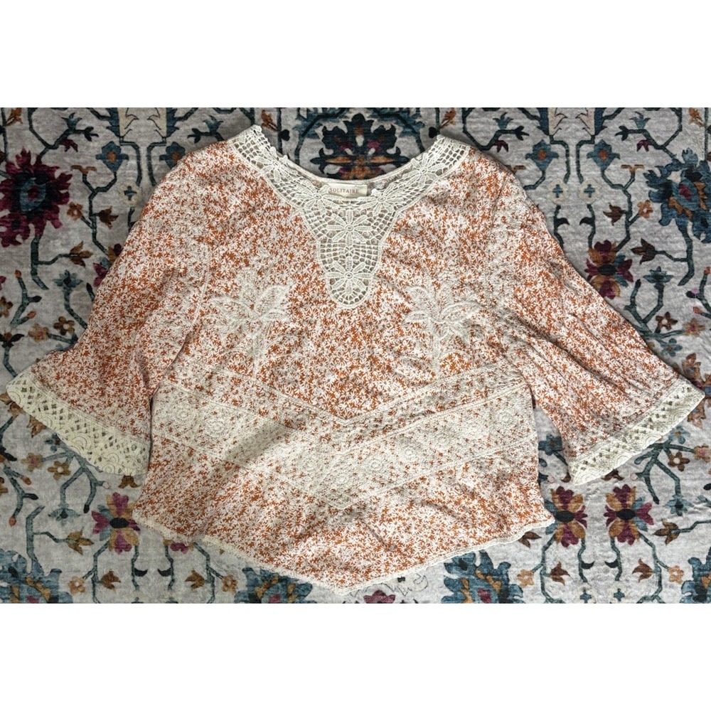Solitaire Anthropologie Blouse Womens Medium Floral Embroidery Crop Boho